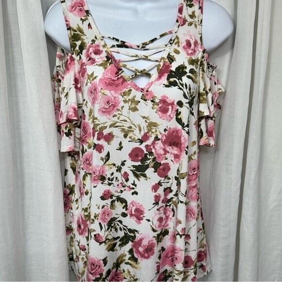 Discreet Floral‎ Print Multicolored Short Sleeve  Open Shoulder Size XL Top - Picture 9 of 16